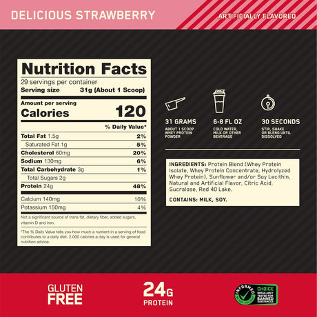 Optimum Nutrition Gold Standard Whey 10lbs — Delicious Strawberry — ingredients label and nutrition facts panel