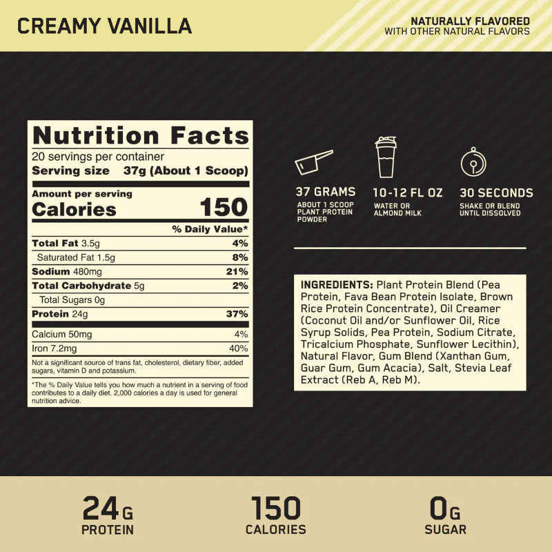 ON Gold Standard 2lbs Plant Protein — Vanilla — ingredients label and nutrition facts panel