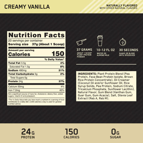 ON Gold Standard 2lbs Plant Protein — Vanilla — ingredients label and nutrition facts panel