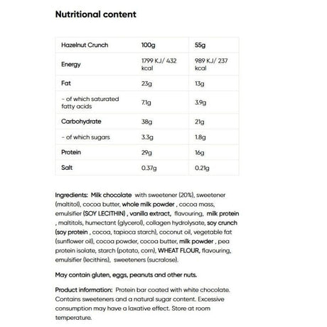 Wispy Protein Bar - Hazelnut Crunch (Box of 10 x 55g Bars) — ingredients label and nutrition facts panel