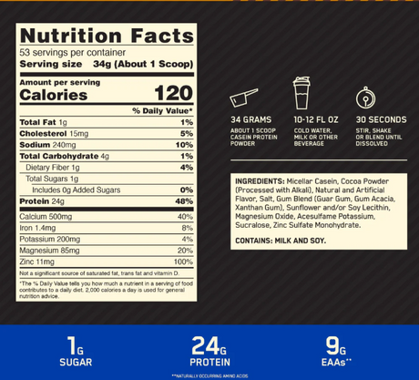 ON Gold Standard 100% Casein 4lbs — Chocolate Peanut Butter — ingredients label and nutrition facts panel