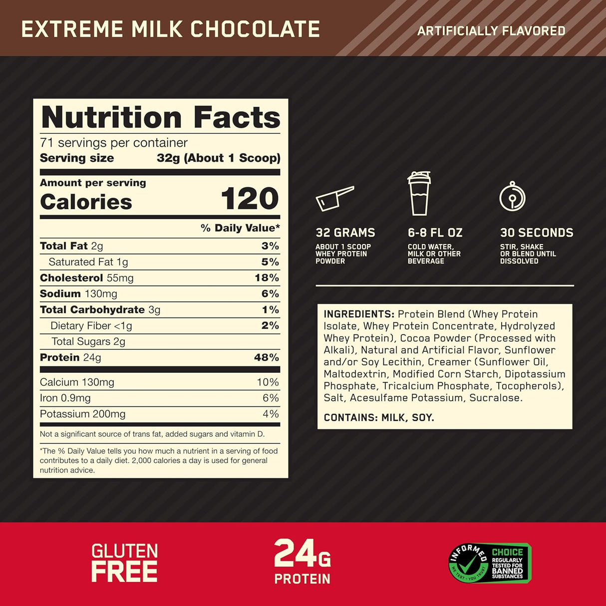 Optimum Nutrition Gold Standard Whey 10lbs — Extreme Milk Chocolate — ingredients label and nutrition facts panel