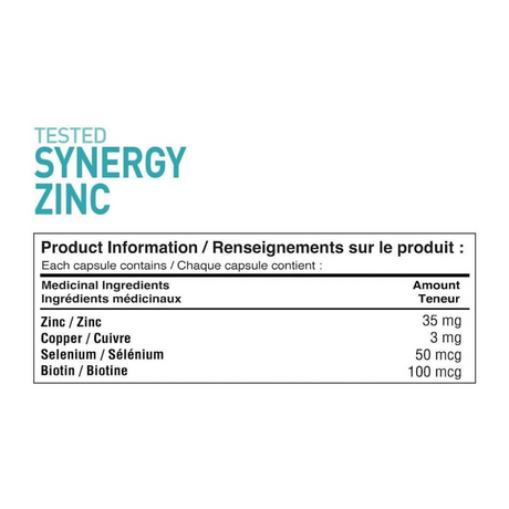 Tested Nutrition Synergy Zinc 90 Capsules — ingredients label and nutrition facts panel