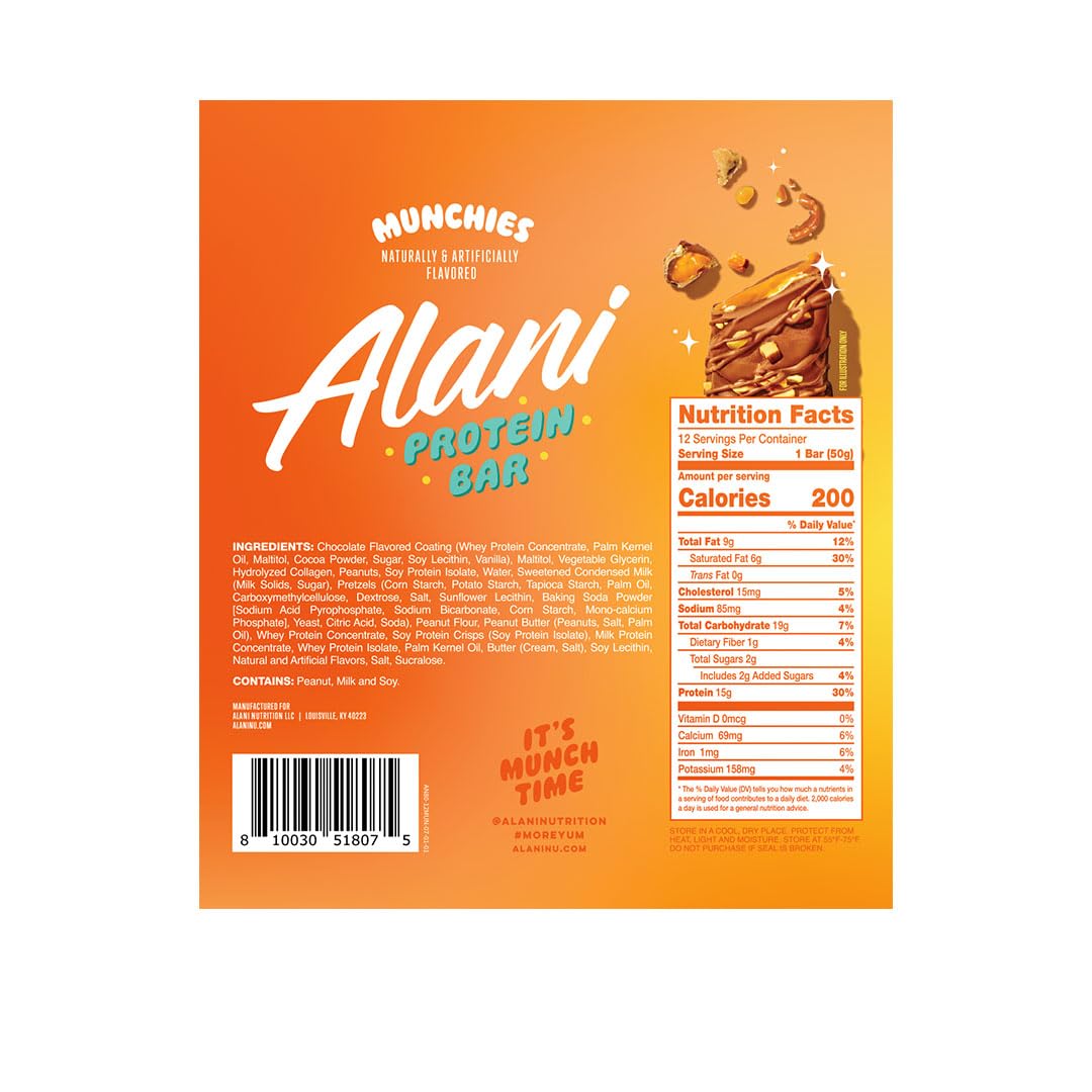 AlaniNu Protein Bar Munchies 12 bars — back of box with ingredients and Nutrition Facts panel