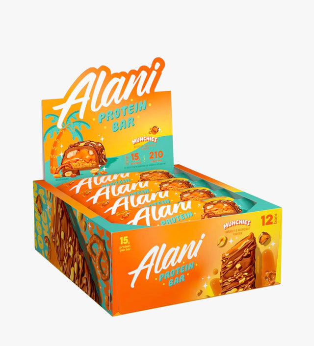 AlaniNu Protein Bar Munchies 12 bars — angled front of box, Munchies flavour shown on label