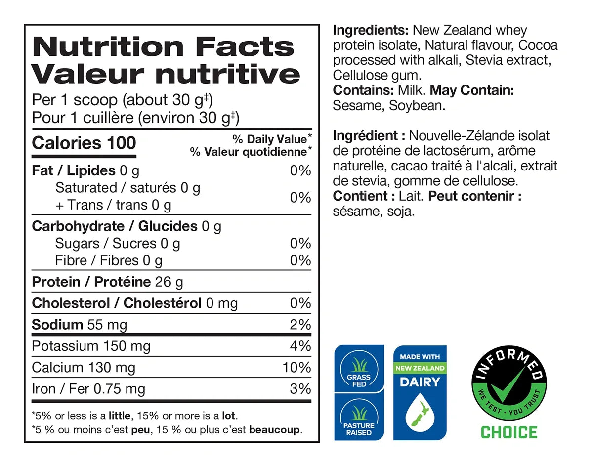 Perfect Sports Diesel New Zealand Whey Isolate 4LB — Milk Chocolate — ingredients label and nutrition facts panel