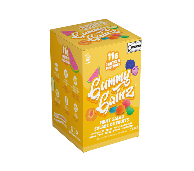 Box of Gummy Gainz fruit salad flavor 6 Pack of protein gummies