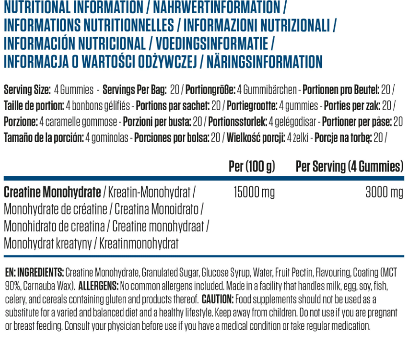 Applied Nutrition Creatine Gummies 80 Count — Cola Blast — ingredients label and nutrition facts panel
