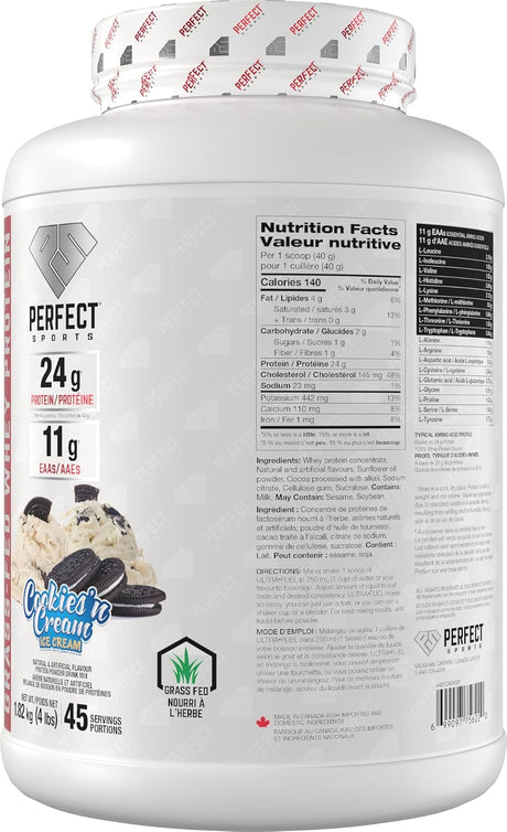 Perfect Sports Ultra Fuel  Grass-Fed Whey Protein 4lb — Cookies & Cream Ice Cream — ingredients label and nutrition facts panel