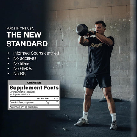 RAW Creatine Monohydrate 5g Sachets - Box of 30 Stick Packs — ingredients label and nutrition facts panel