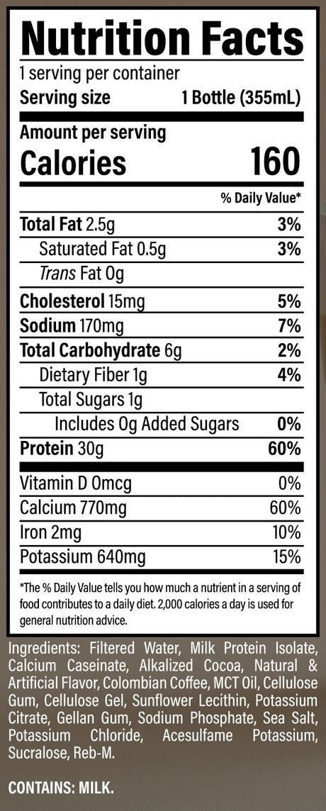CBUM Raw Grass Fed Isolate Protein Shake RTD 355mL — Mocha Latte — ingredients label and nutrition facts panel