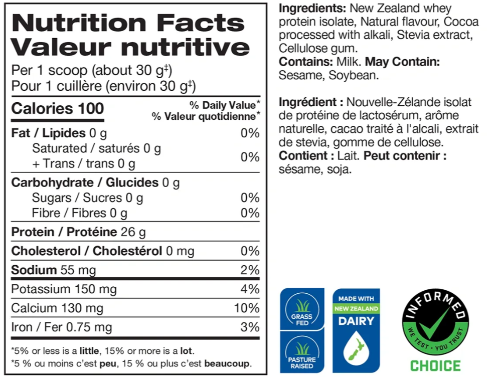 Perfect Sports Diesel Whey 360 g Isolate — Milk Chocolate — ingredients label and nutrition facts panel