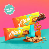 AlaniNu Protein Bar Munchies — two wrapped bars beside pretzel and cookie on teal background, Fan-Fav Flav badge