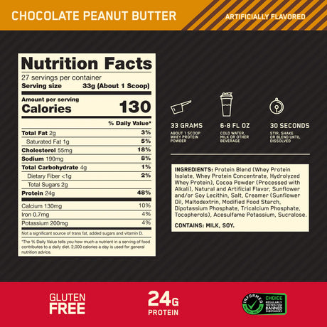 ON Gold Standard 100% Whey Protein 2LB — Chocolate Peanut Butter — ingredients label and nutrition facts panel