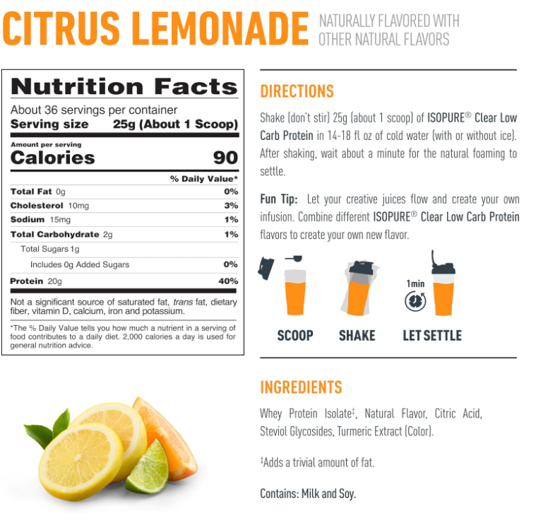 Isopure Clear Isolate Low Carb Protein 36 Servings — Citrus Lemonade — ingredients label and nutrition facts panel