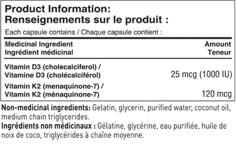 Tested Nutrition Vitamin D3 + K2 240 Softgels — ingredients label and nutrition facts panel