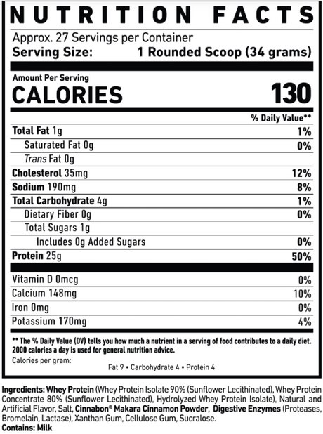 Ghost Whey Protein 2lbs 26 Servings — Cinnabon — ingredients label and nutrition facts panel