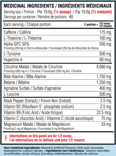 Believe Pump Addict MAX 2.0 40 servings 425g — White Slushie — ingredients label and nutrition facts panel