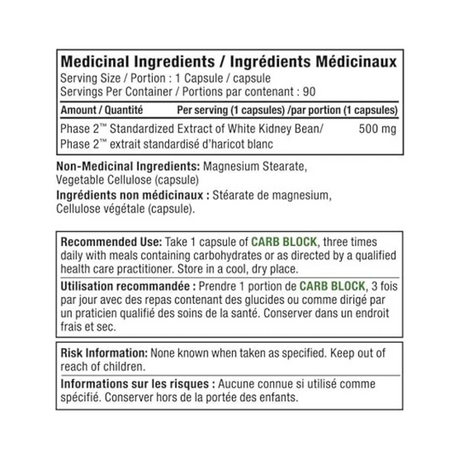 Alora Naturals Carb Block With Phase 2 90 Capsules — ingredients label and nutrition facts panel