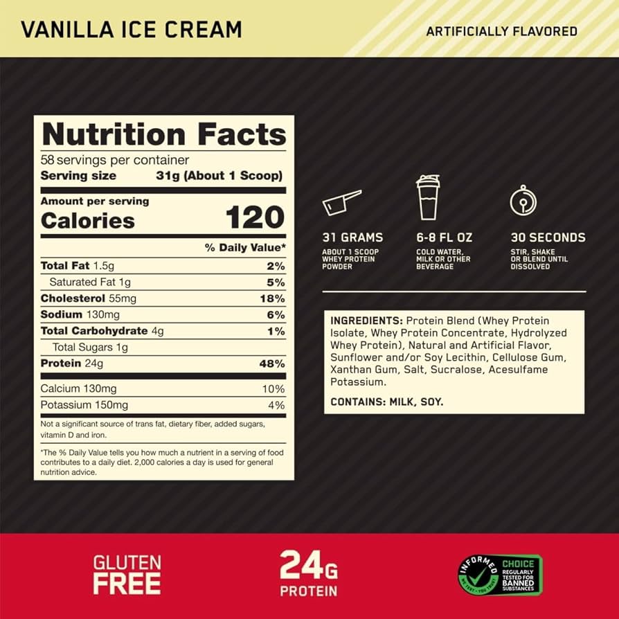 ON Gold Standard Whey 3.96LB — Vanilla Ice Cream — ingredients label and nutrition facts panel