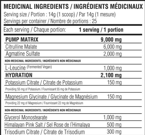 Believe Pump Addict Stim-Free Pre-Workout 25 servings — White Slushie — ingredients label and nutrition facts panel