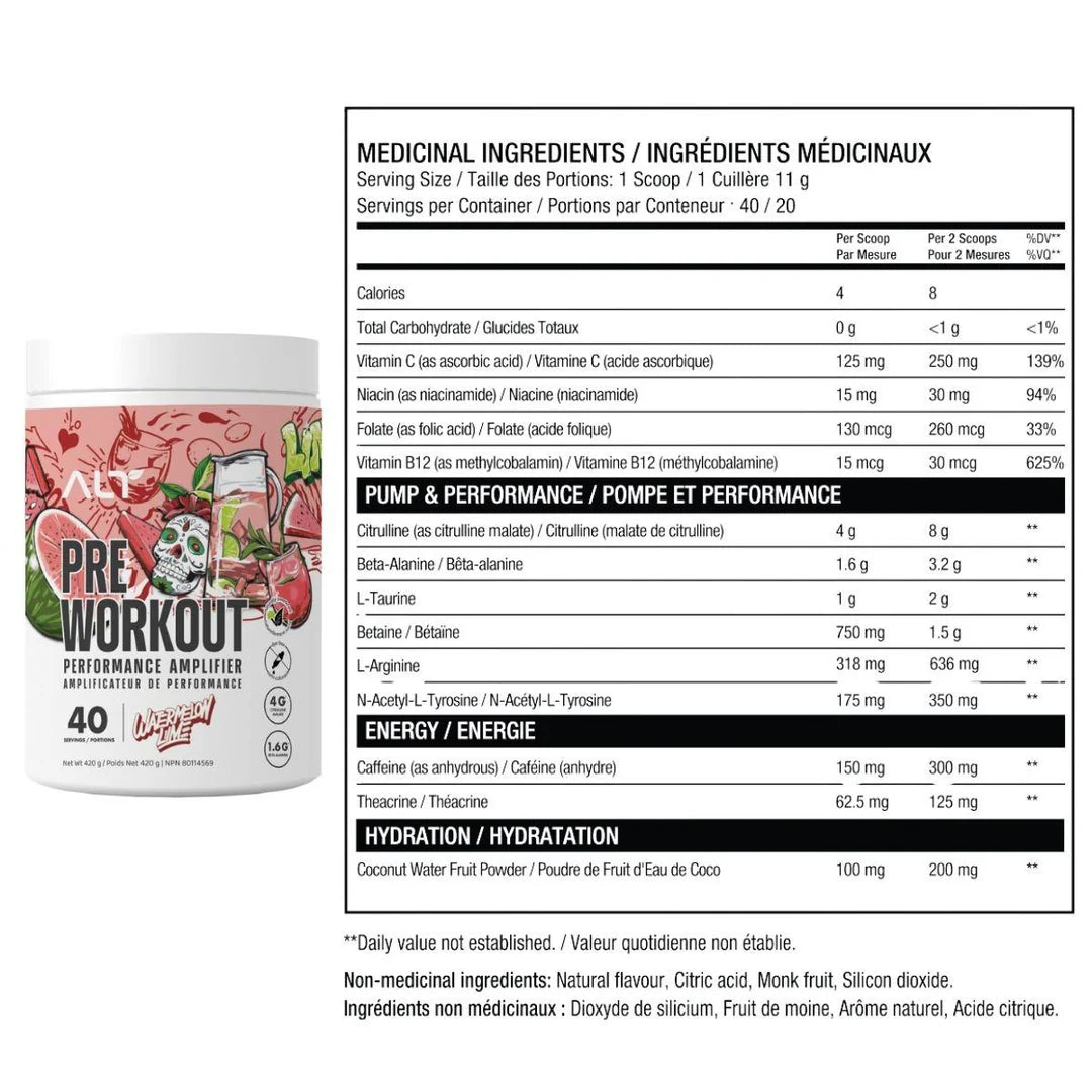 ALT Pre-Workout Formula 40 Servings Medicinal Ingredients Label Watermelon Lime Flavour