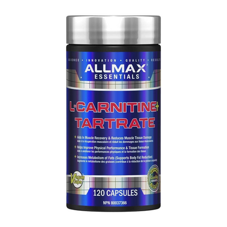 Allmax Essentials L-Carnitine+ Tartrate 120 Capsules — front label of bottle