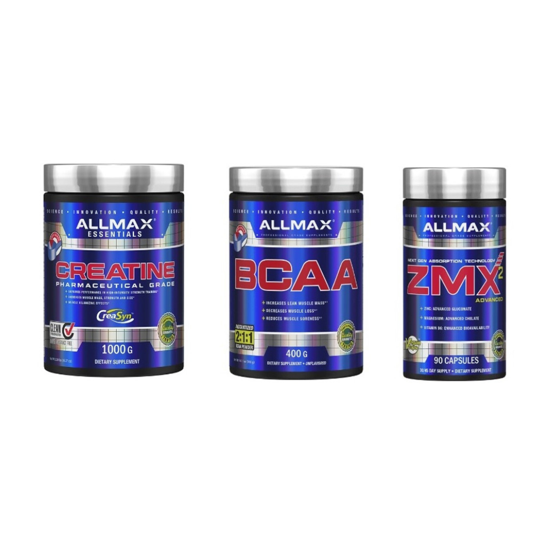 Allmax Natural Muscle Recovery + Building Stack: Creatine 1000 g, BCAA 400 g and ZMX2 90 capsules