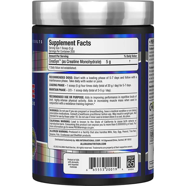 Allmax Creatine Monohydrate Creasyn 1000g Powder unflavoured rear Label Nutrition Facts and Ingredients List