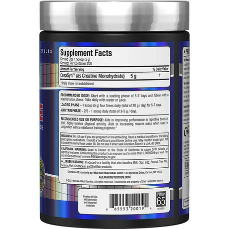 Allmax Creatine Monohydrate Creasyn 1000g Powder unflavoured rear Label Nutrition Facts and Ingredients List