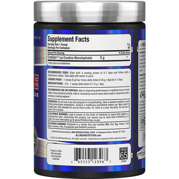 Allmax Creatine Monohydrate Creasyn 400g Powder Rear Label Nutrition Facts and Ingredients List