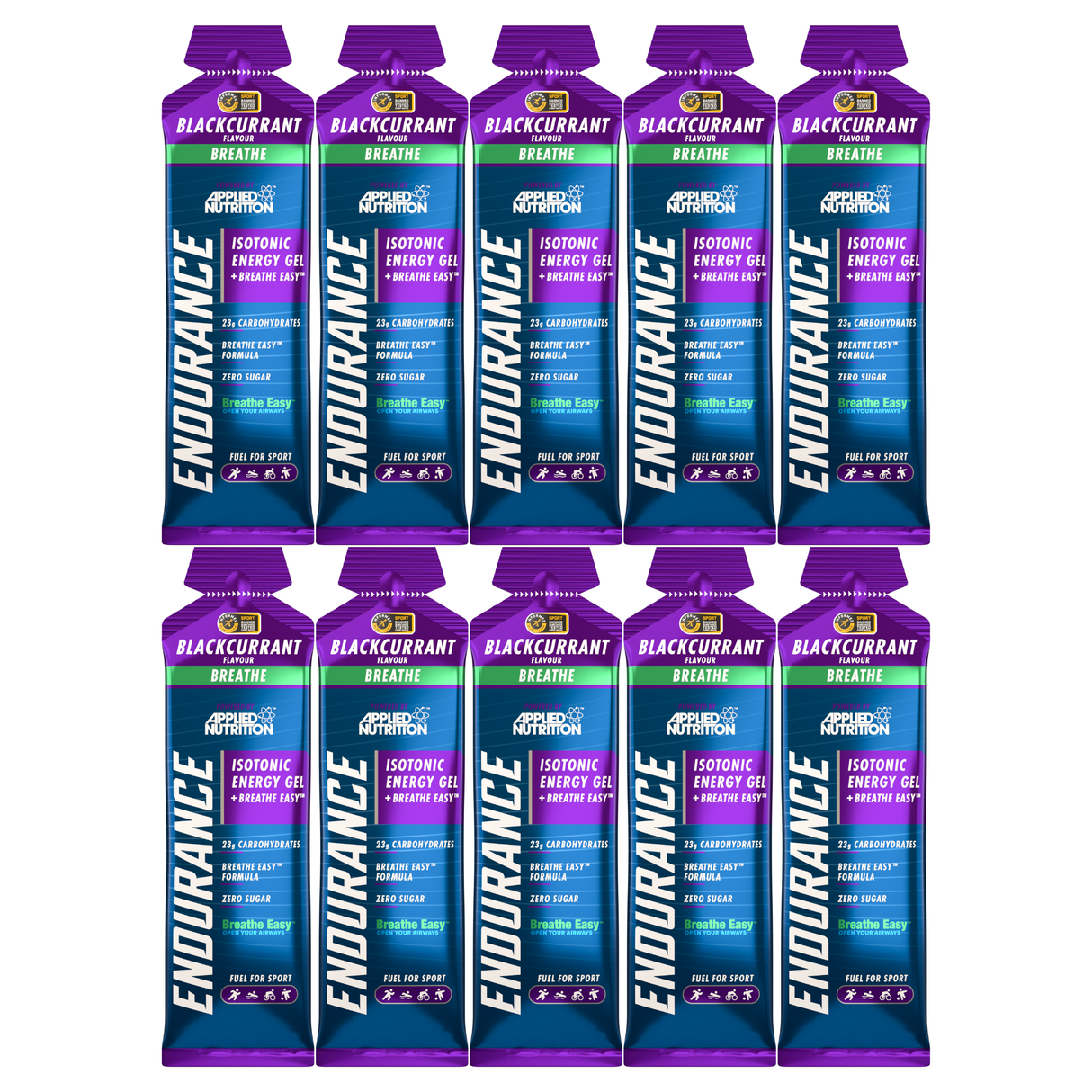 10 pack Applied Nutrition Endurance energy gel blackcurrant flavor with breathe Easy ingredient technology