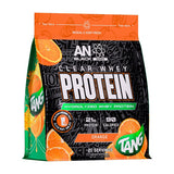 Clear Whey Protein package with Tang branding on an orange background