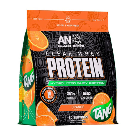 Clear Whey Protein package with Tang branding on an orange background