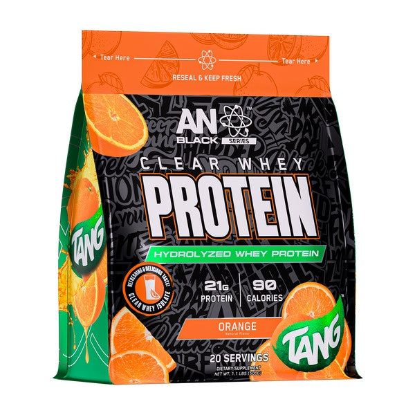 Clear Whey Protein package with Tang branding on an orange background