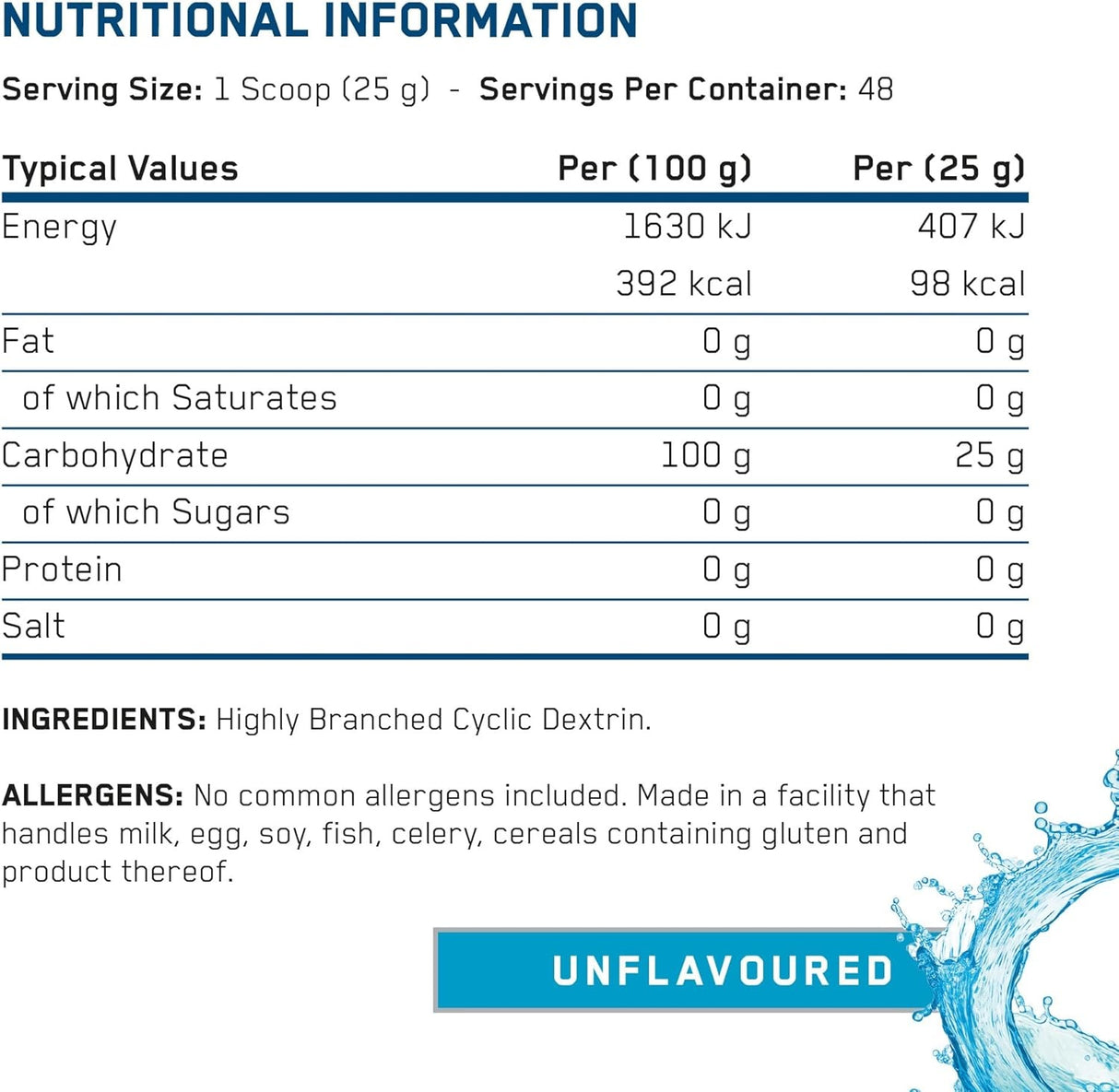 Applied Nutrition Carb-X Cyclic Dextrin Unflavoured Carbohydrate powder 48 Servings Nutritional Information panel ingredient label