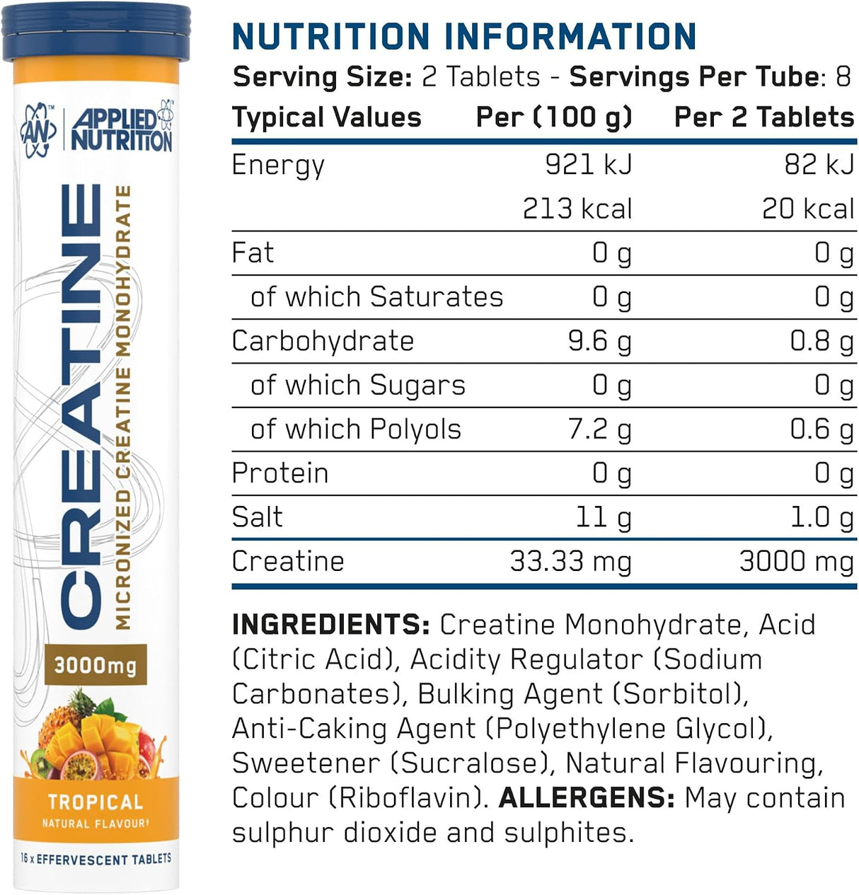 Applied Nutrition Creatine Monohydrate Effervescent Tablets 16ct Tropical (Pack of 6)
