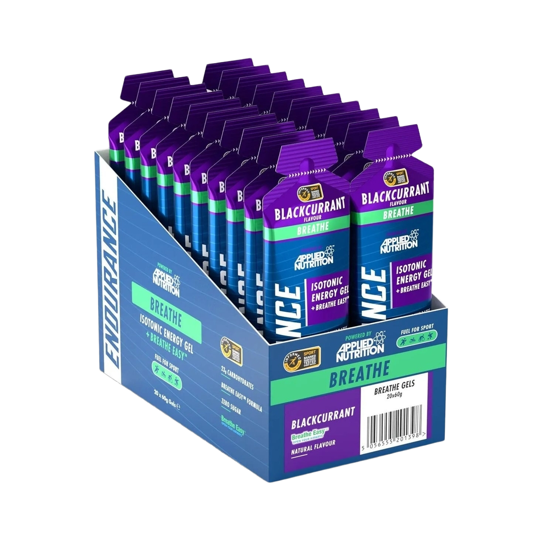 Box of Applied Nutrition Breathe Easy Blackcurrant Energy Gels 20 Pack Case