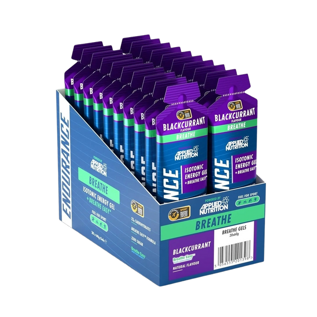 Box of Applied Nutrition Breathe Easy Blackcurrant Energy Gels 20 Pack Case