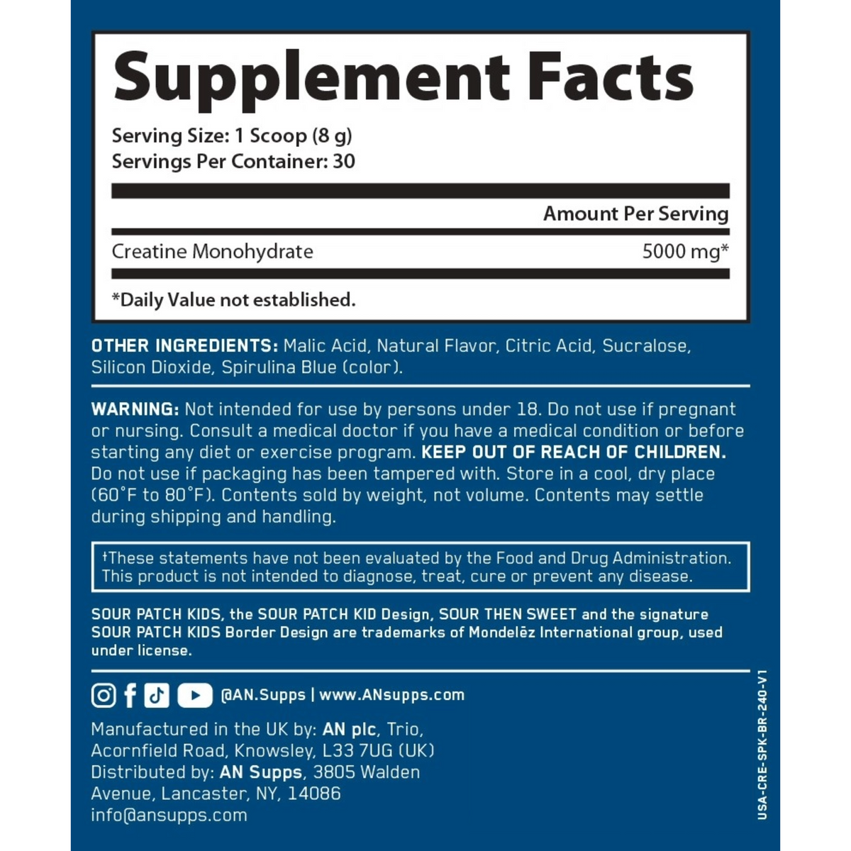 Applied Nutrition Micronized Creatine Monohydrate — Blue Raspberry Supplement Facts panel
