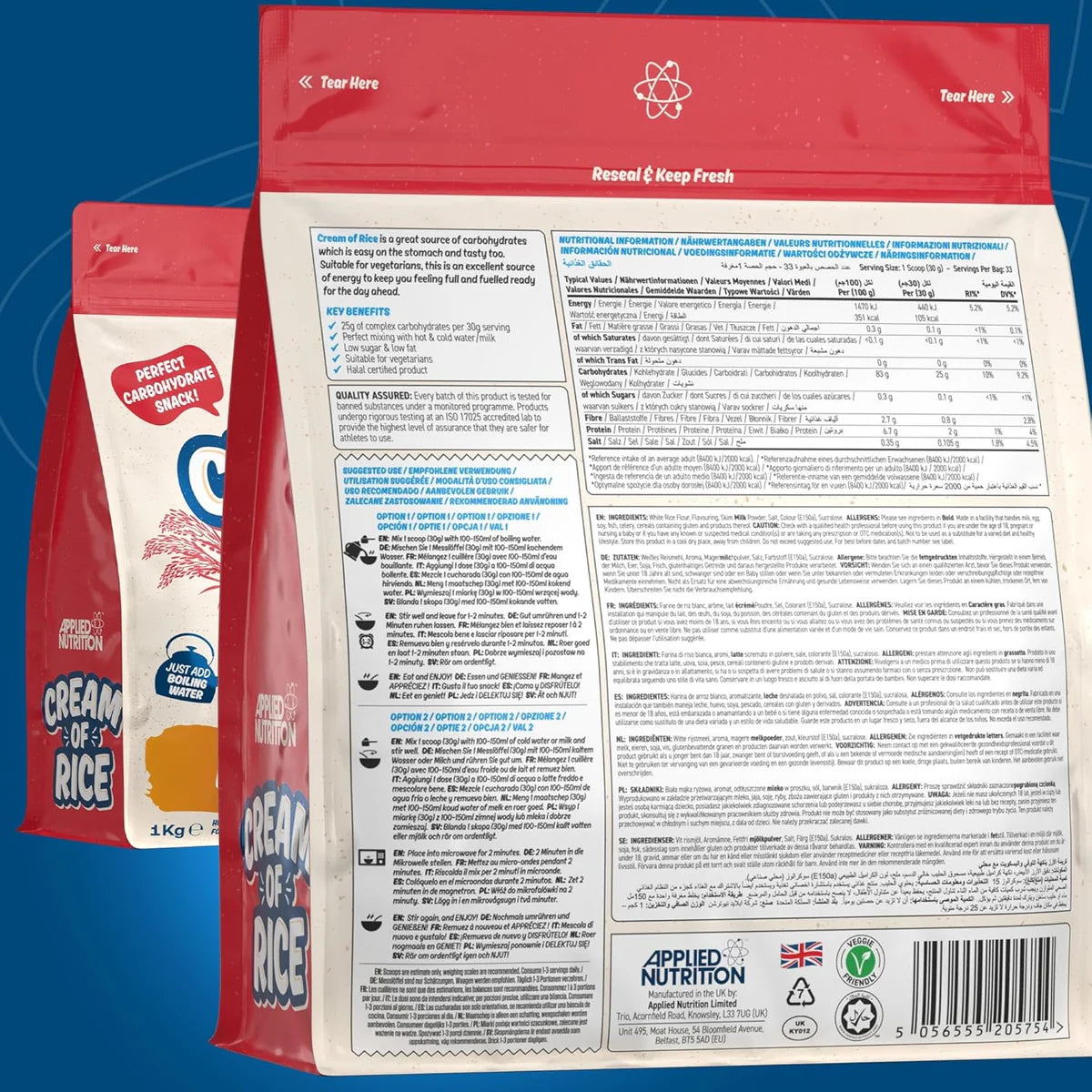 Rear Label of Applied Nutrition Cream of Rice nutritional information and ingredients list