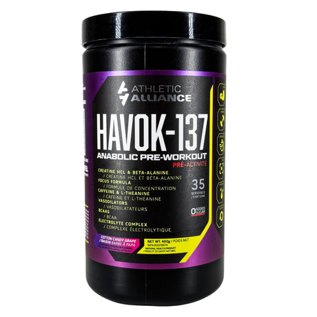 Black and purple supplement container labeled 'Havok-137' by Athletic Alliance on a white background.