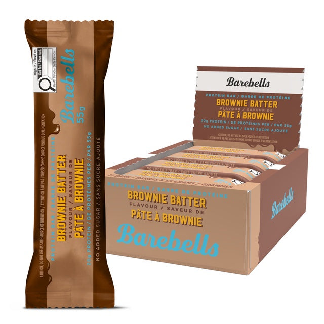 Barebells Protein Bar Brownie Batter box of 12 — single bar front wrapper beside open display box, 55g per bar