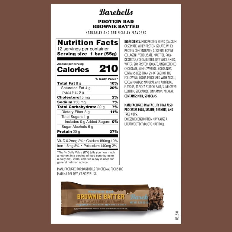 Barebells Protein Bar Brownie Batter — Nutrition Facts panel, 12 servings per container, 210 calories per bar