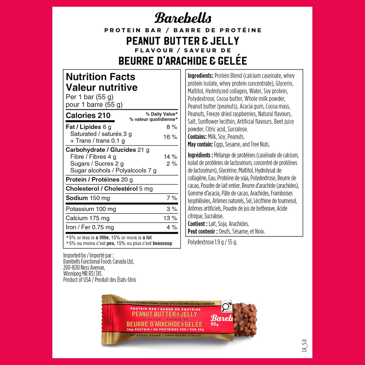 Barebells Protein Bar Peanut Butter & Jelly — Nutrition Facts and ingredients panel with single bar illustration