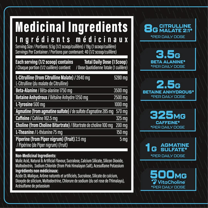 Batch 27 Blue Raspberry Supplement Facts Ingredient Label with Medicinal and Non Medicinal Ingredients