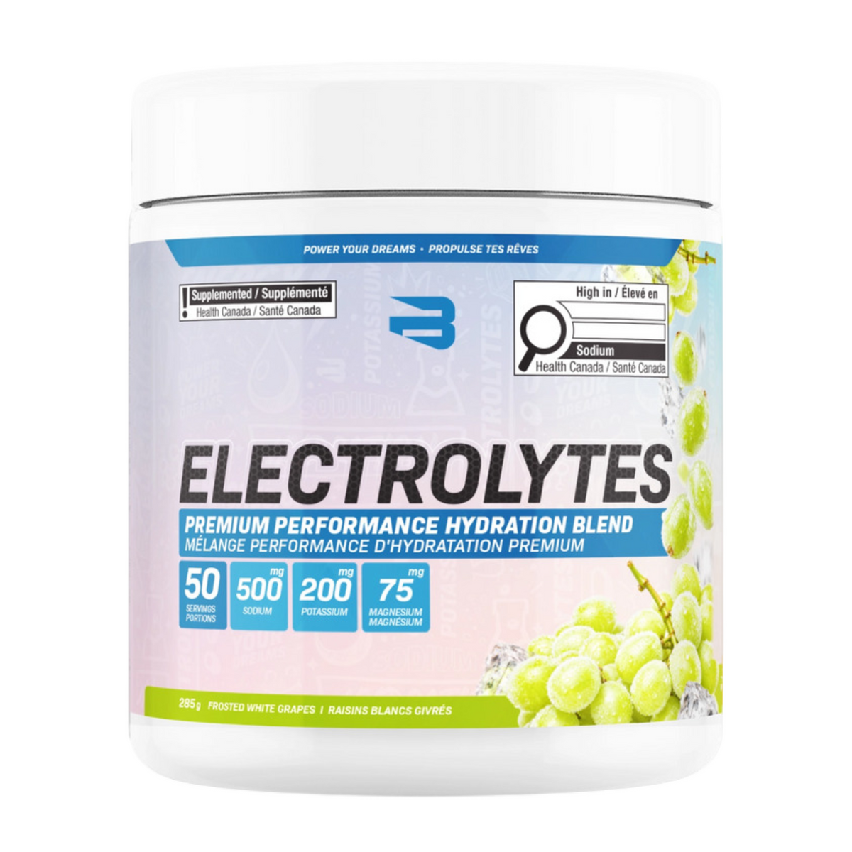 Believe Electrolytes 50 Servings — Frozen White Grapes tub, front label
