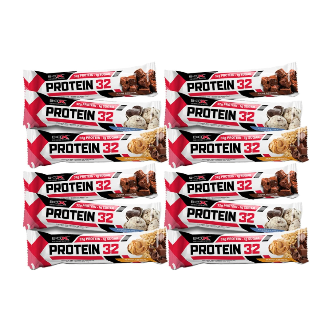BioX Protein 32 Bar Variety Pack (4 Fudge Brownie, 4 Cookies & Cream, 4 Peanut Crunch)