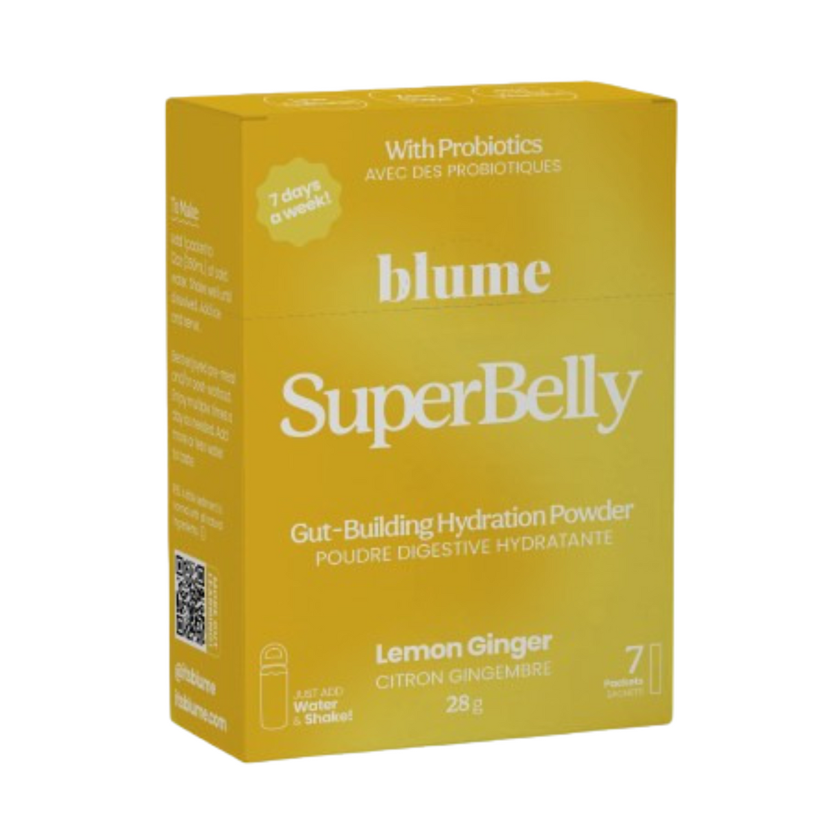 Yellow box of blume SuperBelly Lemon Ginger powder 7 packets sachets