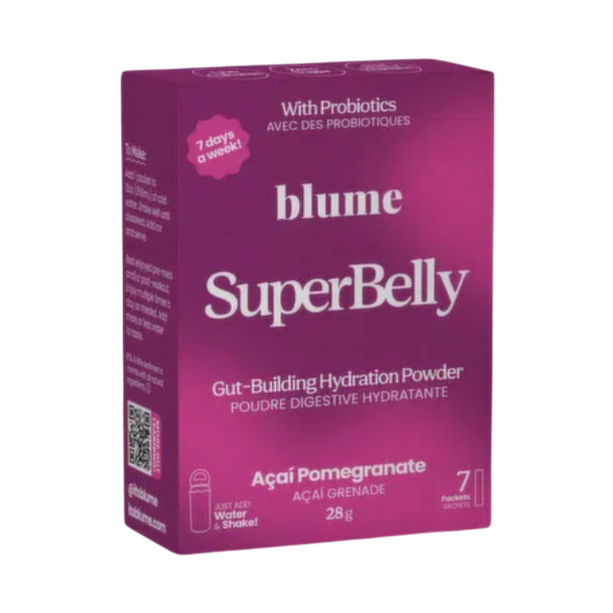 Purple box of blume SuperBelly gut-building hydration powder 7 packets sachets